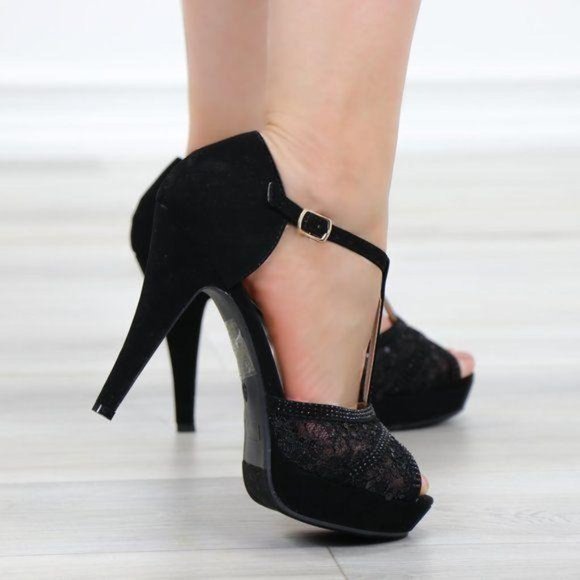 Velvet Platform T Strap Heeled Sandals Transparent Lace - Picture 6 of 9